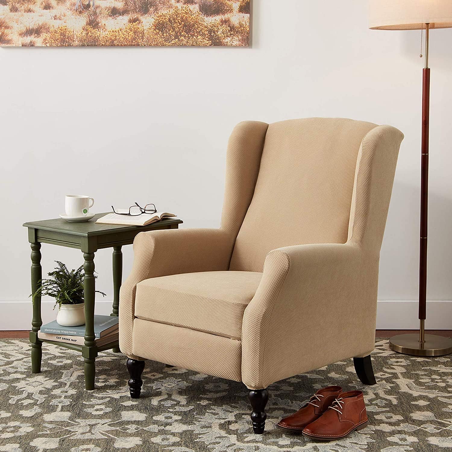 SureFit Home Décor SF38684 Stretch Pique Box Cushion Recliner Wingback Chair Slipcover, Form Fit, Polyester/Spandex, Machine Washable, Two Piece, Cream Color