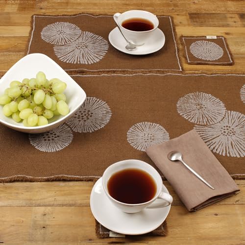 Cheyenne Burlap Linen Table Runner – Hand Printed – 100% Linen –Fringed Edge- Prewashed, Pre-shrunk, and Machine Washable – Chocolate Brown (14X36, White Dandelion)