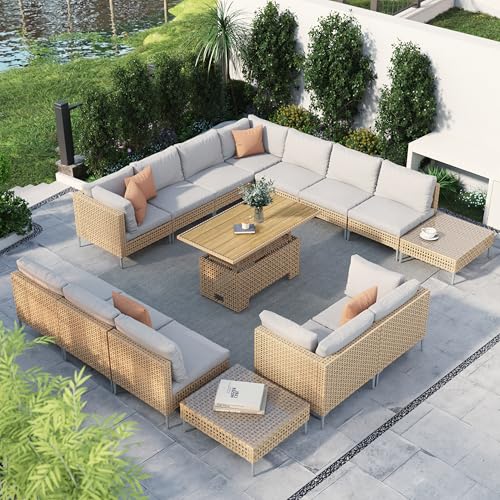 Grand patio 7-Piece Wicker Patio Furniture Set, Boho Outdoor Conversation Set Sectional Sofa with Water Resistant Thick Cushions and Coffee Table, Cream