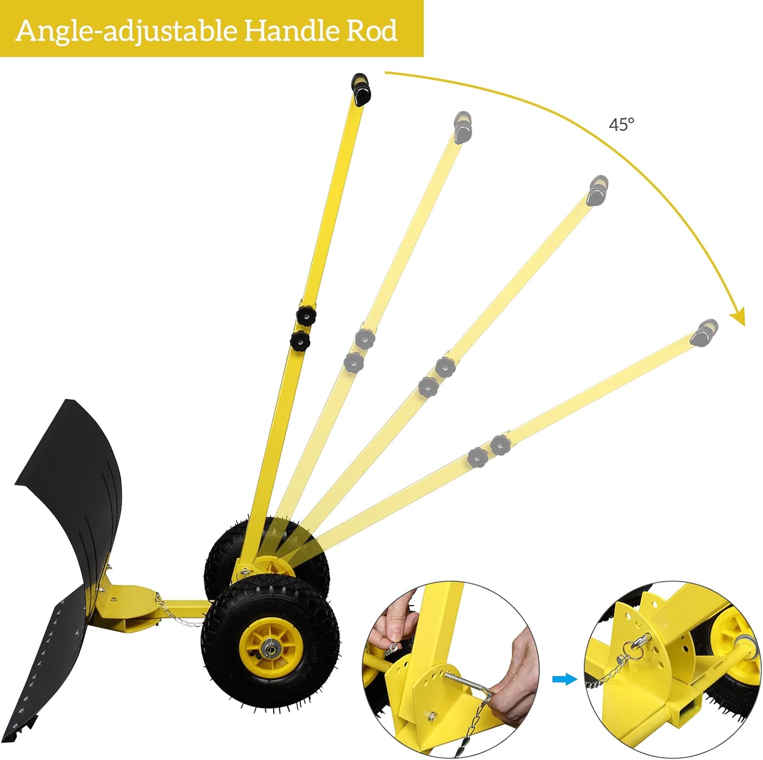 Outvita Snow Shovel with Wheels, 29 Wide 18 Long Snow Plow Shovel Angle & Height Adjustable Padded Handle Efficient Snow Clean Tool for Driveway or Pavement (Yellow)