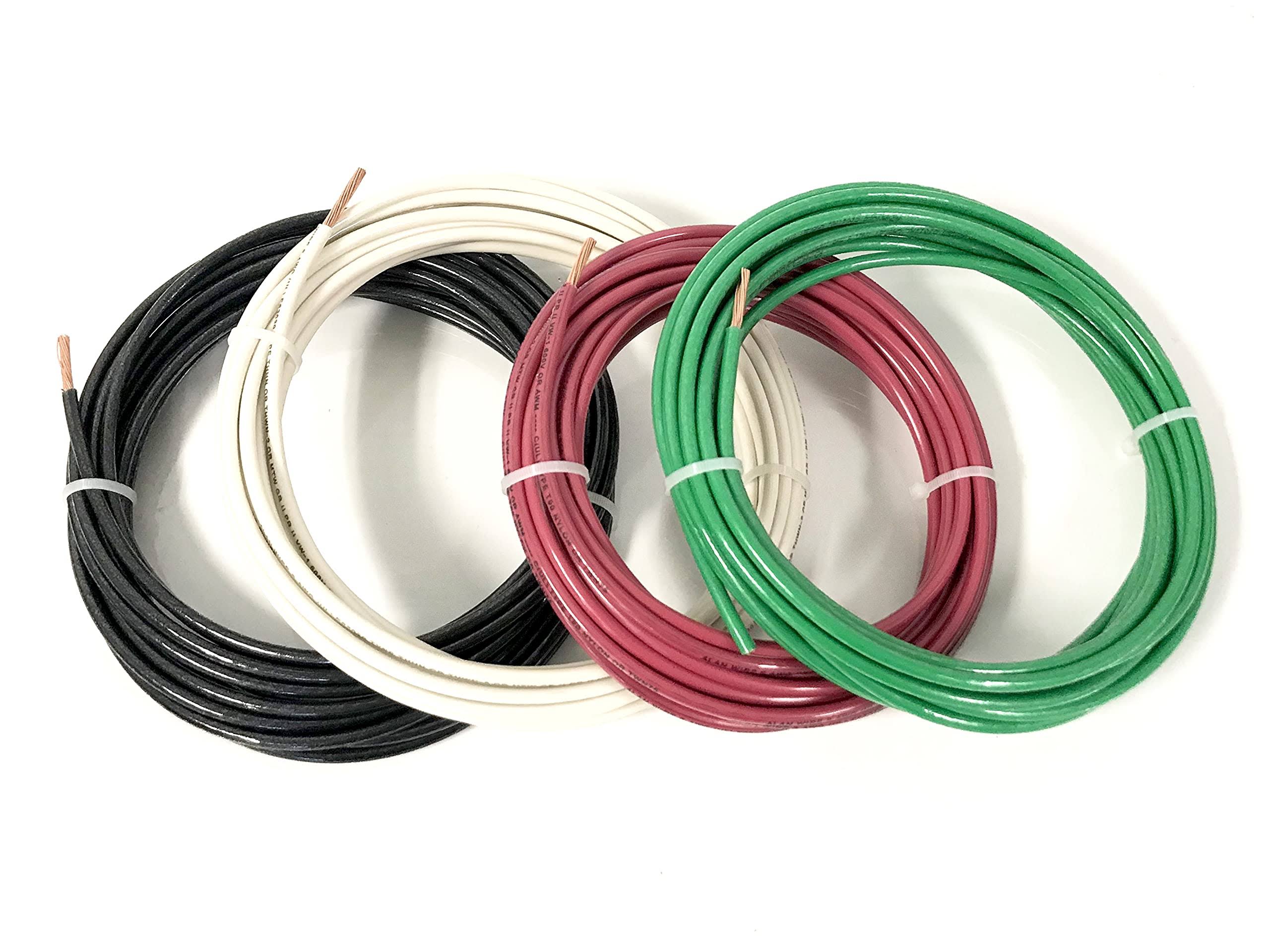 AC/DC Wire and Supply 20' ea THHN Thwn 6 AWG Gauge - Black - White - Red - + 10 AWG Green Ground Hook Up Building Wire