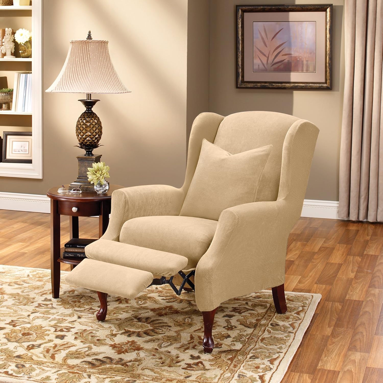 SureFit Home Décor SF38684 Stretch Pique Box Cushion Recliner Wingback Chair Slipcover, Form Fit, Polyester/Spandex, Machine Washable, Two Piece, Cream Color