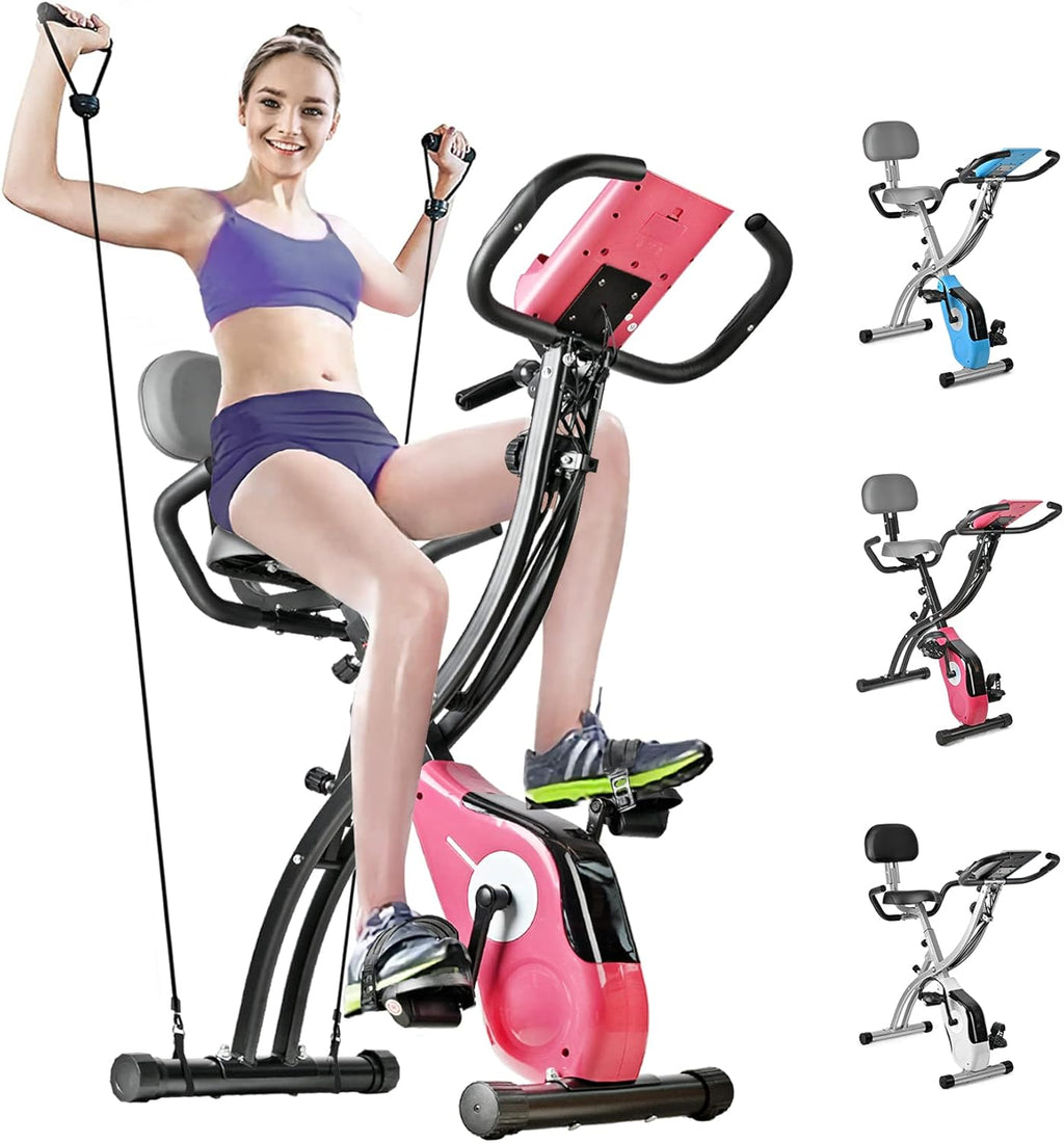 SALEMFIT Folding Stationary Bike, Magnetic Upright Bike Indoor Workout Exercise Cycle Bike with Front & Back Arm Resistance Bands LCD Monitor Pulse Sensor Phone Holder Backrest, For Home Workout Total Body Gym