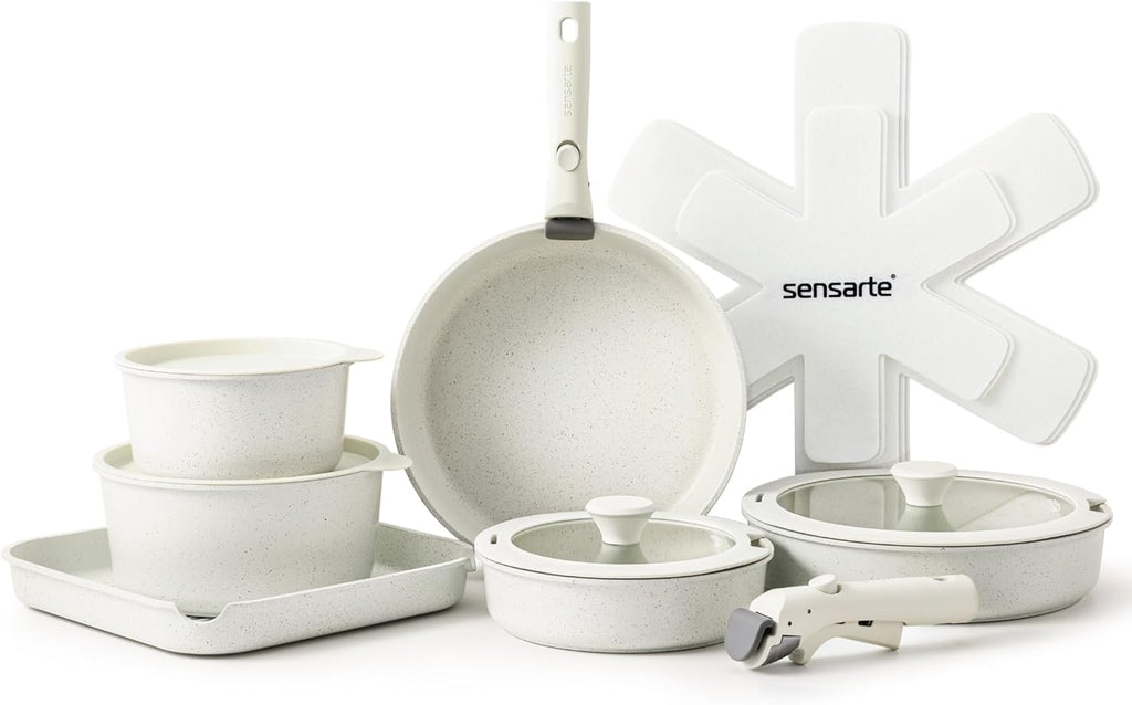 SENSARTE 17 Piece Ceramic Pots and Pans Set, Nonstick Detachable Handle Cookware, Induction Kitchen Cookware Set with Removable Handle, Dishwasher ＆ Oven Safe (Gray)