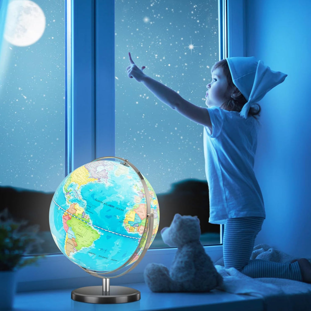 COSTWAY Illuminated World Globe, 13” Desktop Geographic Globe w/LED Light & Easy-to-Read Clear Map for Students, 720° Rotation Decorative Globe, Educational Interactive Globe for School, Classroom
