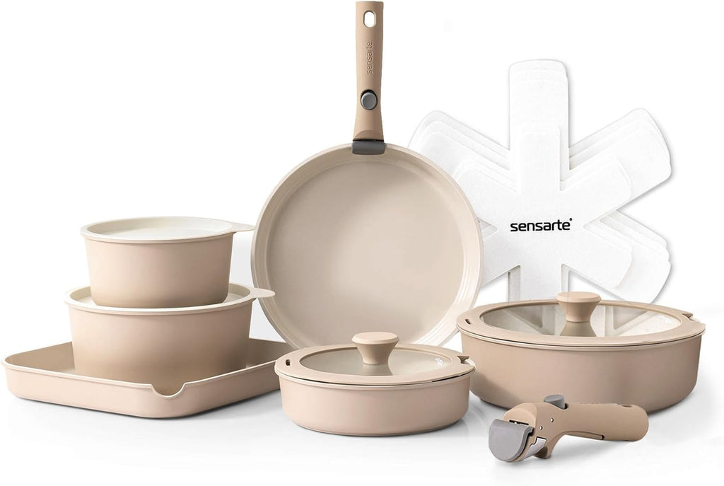 SENSARTE 17 Piece Ceramic Pots and Pans Set, Nonstick Detachable Handle Cookware, Induction Kitchen Cookware Set with Removable Handle, Dishwasher ＆ Oven Safe (Gray)