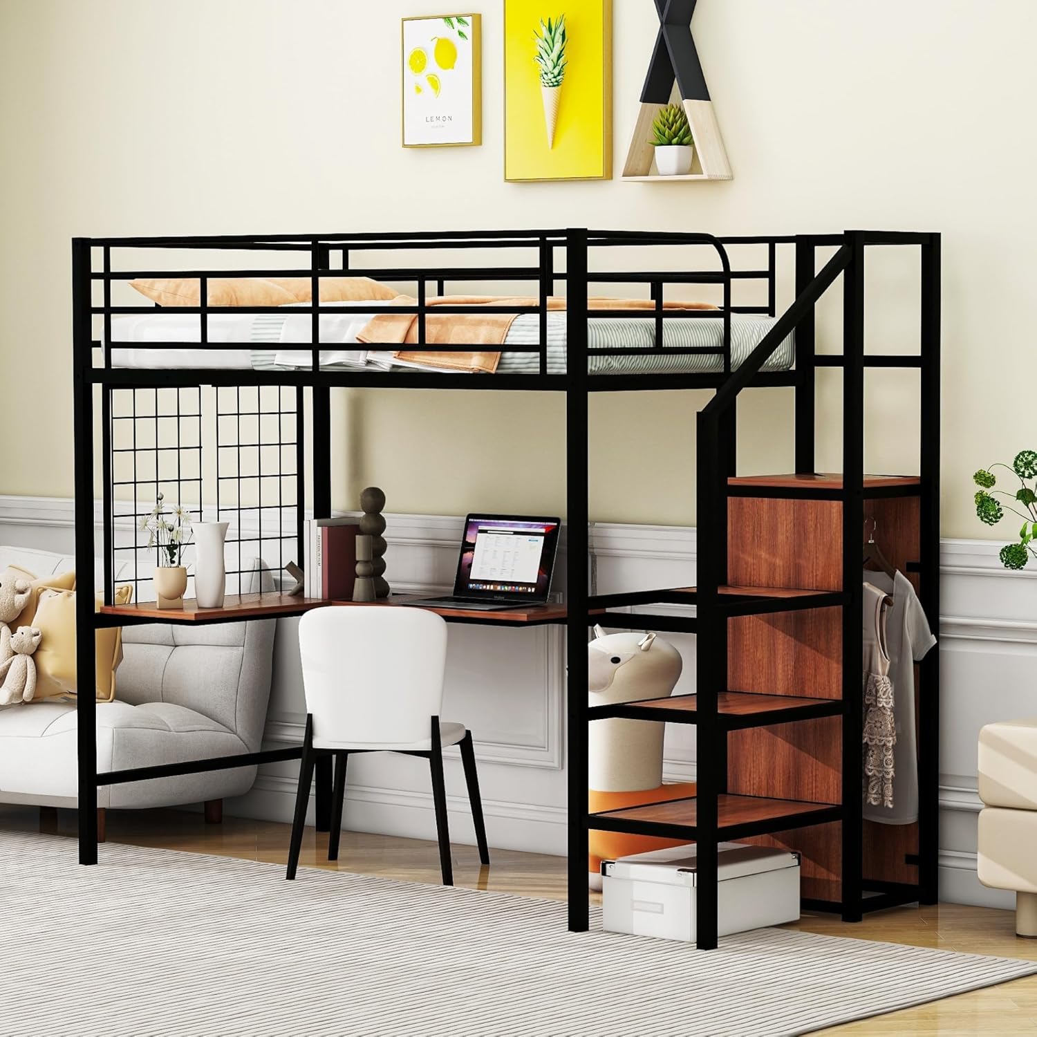 Black Twin Metal Loft Bed W/Desk Lateral Storage Ladder Wardrobe Glam Modern Contemporary Unisex Space MDF Finish Handmade Headboard Included