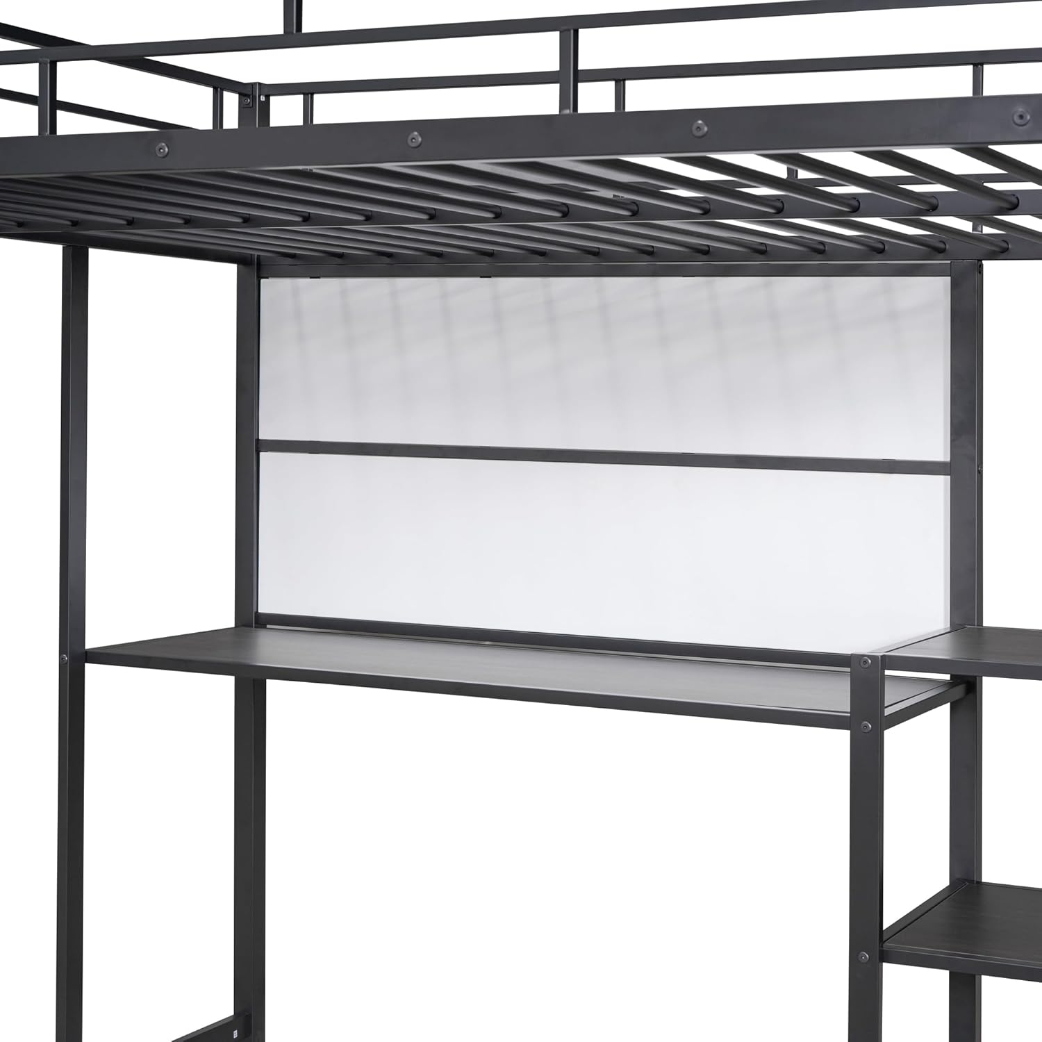 Full Size Metal Loft Bed with Desk, Whiteboard and 3-layer Shelves, Heavy Duty Loftbed w/Storage and Built-in Ladder, for Kids Teens Bedroom Dorm, Black