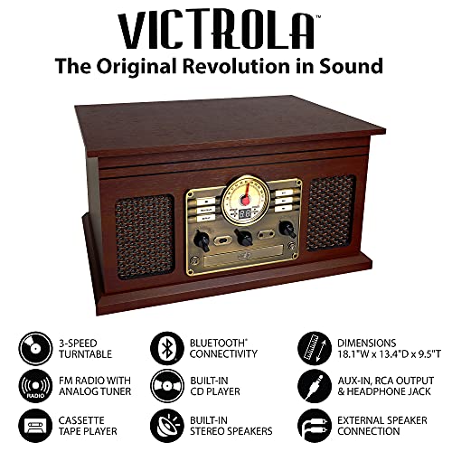 Victrola The Quincy 6-in-1 Bluetooth Record Player & Multimedia Center with Built-in Speakers – 3-Speed Turntable, CD & Cassette Player, AM/FM Radio, Wireless Music Streaming (Natural)