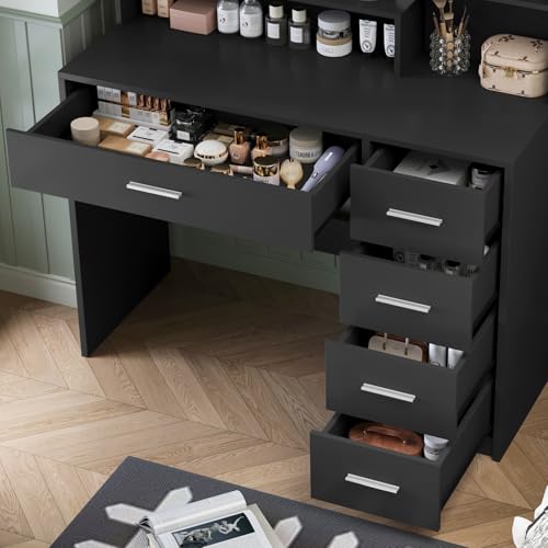 Makeup Vanity Desk with Mirror, 10 Lights, 5 Drawers, 3 Storage Shelves, 3 Color Modes & Adjustable Brightness Dressing Table, 35.4” Desk, Black