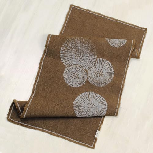 Cheyenne Burlap Linen Table Runner – Hand Printed – 100% Linen –Fringed Edge- Prewashed, Pre-shrunk, and Machine Washable – Chocolate Brown (14X36, White Dandelion)