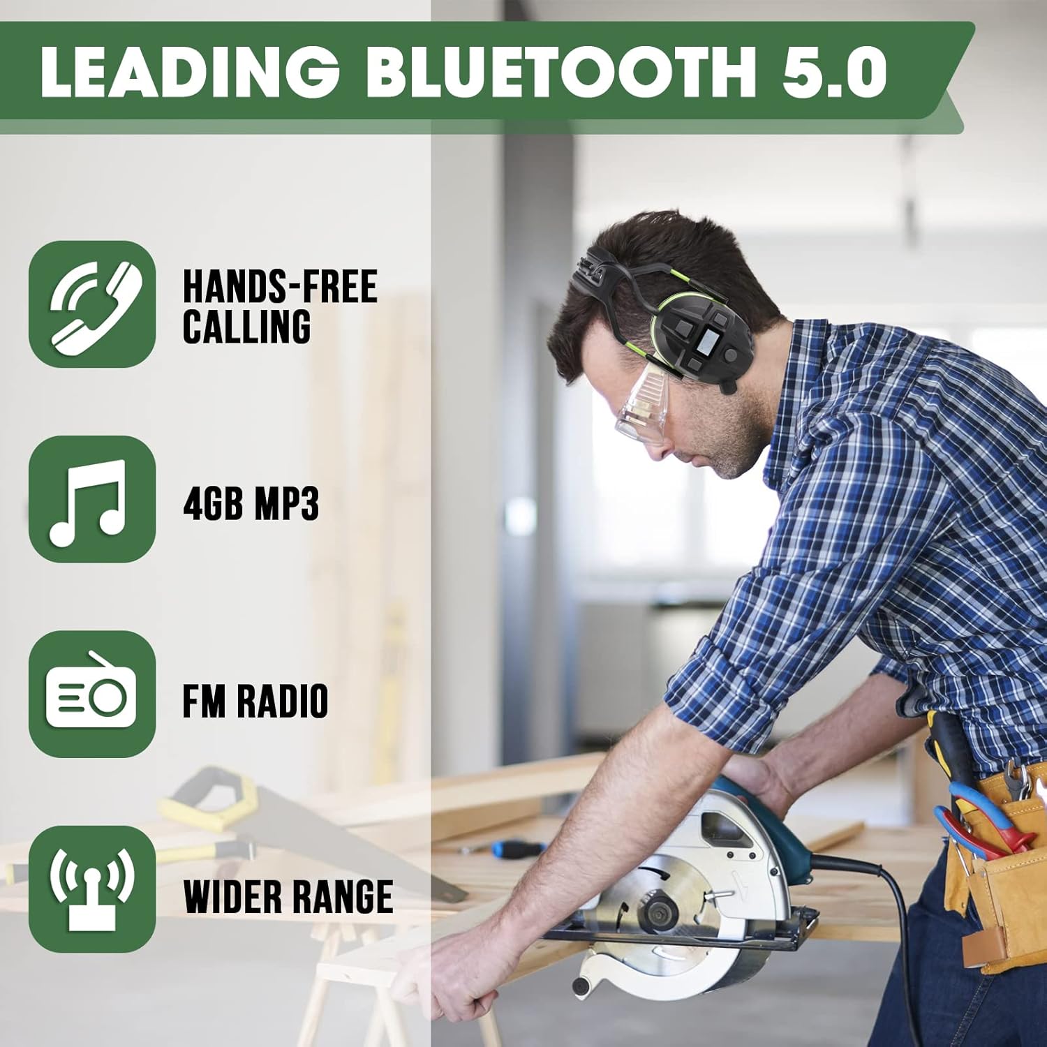 Bluetooth Hearing Protection, FM MP3 Noise Reduction Radio Headphones with 29dB NRR, Safety Ear Muffs with Bluetooth Radio, Wireless Cancelling Bluetooth Rechargebale FM Radio Headphones, Green