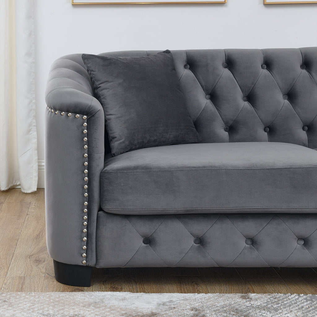 77-Inch Modern Chesterfield Velvet Sofa, 3-Seater Sofa, Upholstered Tufted Backrests with Nailhead Arms and 2 Cushions for Living Room, Bedroom, Apartment, Office (Grey)
