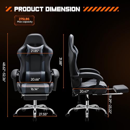 DUMOS Ergonomic Gaming Desk Chair - PU Leather Recliner with Footrest, Lumbar Support, Headrest, Fixed Armrests, Height Adjustable, 360° Swivel, Grey, for Adults