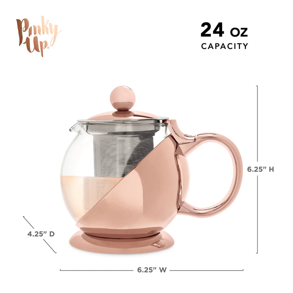 Pinky Up Rose Gold Wrapped Teapot - Tea Clear Glass Pot with Infuser Strainer and Tea Kettle for Loose Tea, 24 Oz