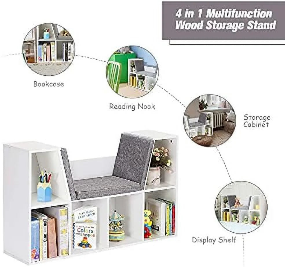 HJZBNONE 6-Cubby  Bookcase w/Cushioned Reading Nook  Multi Purpose  Organizer Cabinet  with Soft Cushion and Thick Wood Board for Children Girls & Boys Bedroom Decor Room (Modern Whit