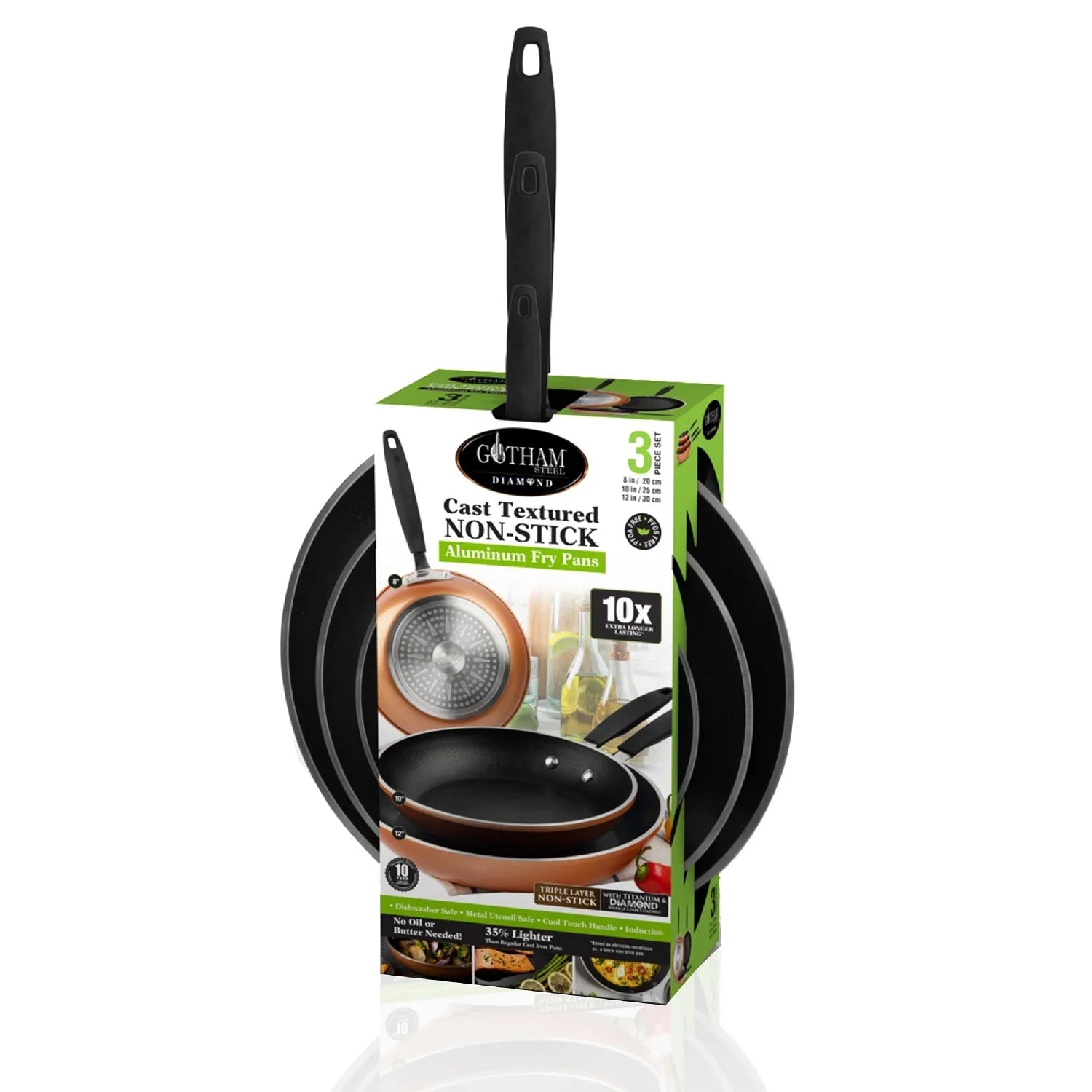 Gotham Steel Diamond 3-Piece Copper Cast Frying Pan Set, Nonstick Cookware