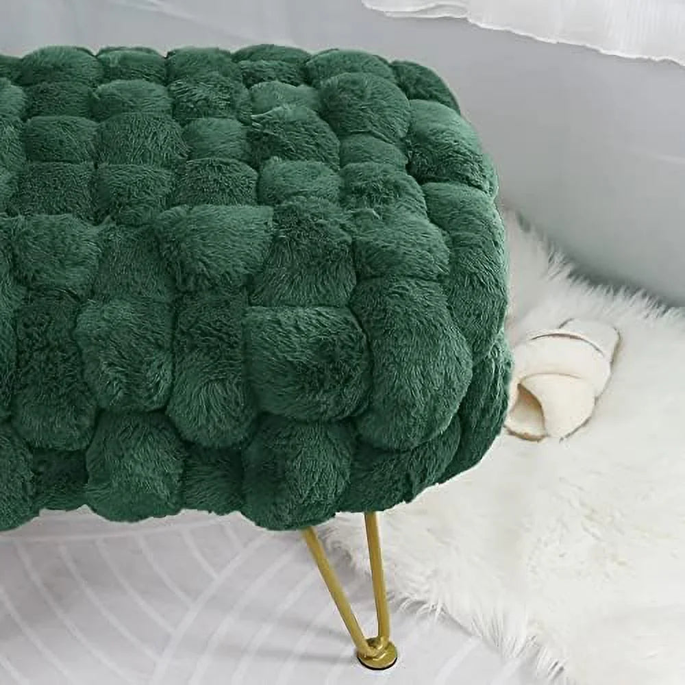 Pink Soft Faux  Ottoman Fuzzy Entryway Bench Seat 27x20x19 Sturdy Accent Coffee Table for Living Room Make up Vanity Fluffy Shoe Stool with Golden Legs for Bedroom Closet F