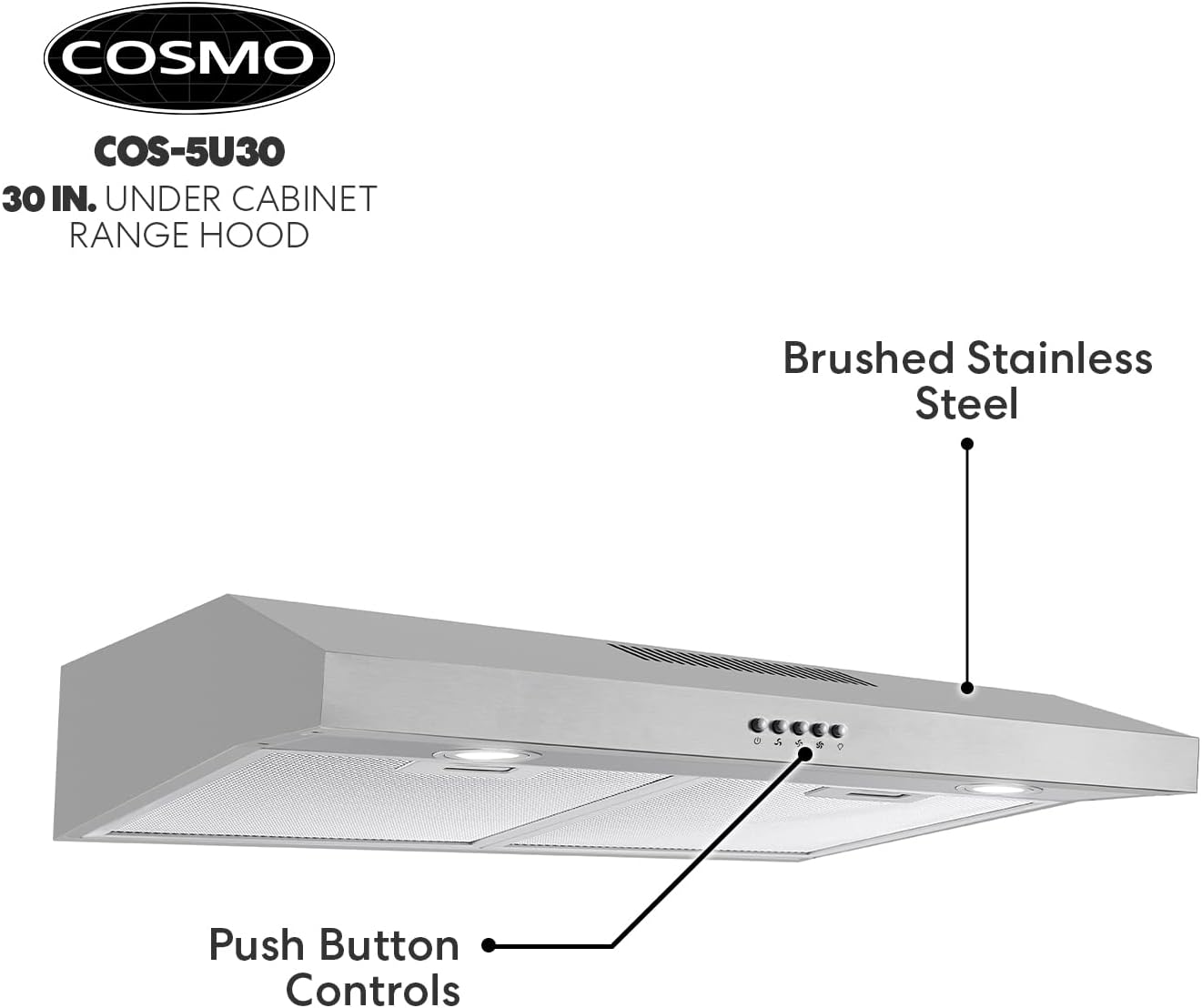Cosmo 5U30 30 in. Under Cabinet Range Hood with Ducted / Ductless Convertible Slim Kitchen Over Stove Vent, 3 Speed Exhaust Fan, Reusable Filter, LED Lights in Stainless Steel