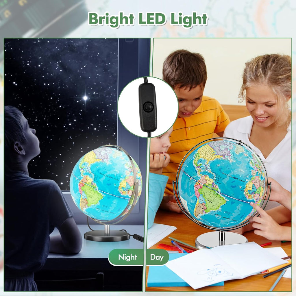 COSTWAY Illuminated World Globe, 13” Desktop Geographic Globe w/LED Light & Easy-to-Read Clear Map for Students, 720° Rotation Decorative Globe, Educational Interactive Globe for School, Classroom