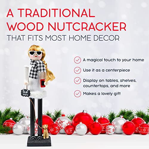 Ornativity Christmas Dog Mom Nutcracker – White and Black Wooden Nutcracker Woman with Dog on Leash and a Smartphone in Hand Xmas Themed Holiday Nut Cracker Doll Figure Decorations 15