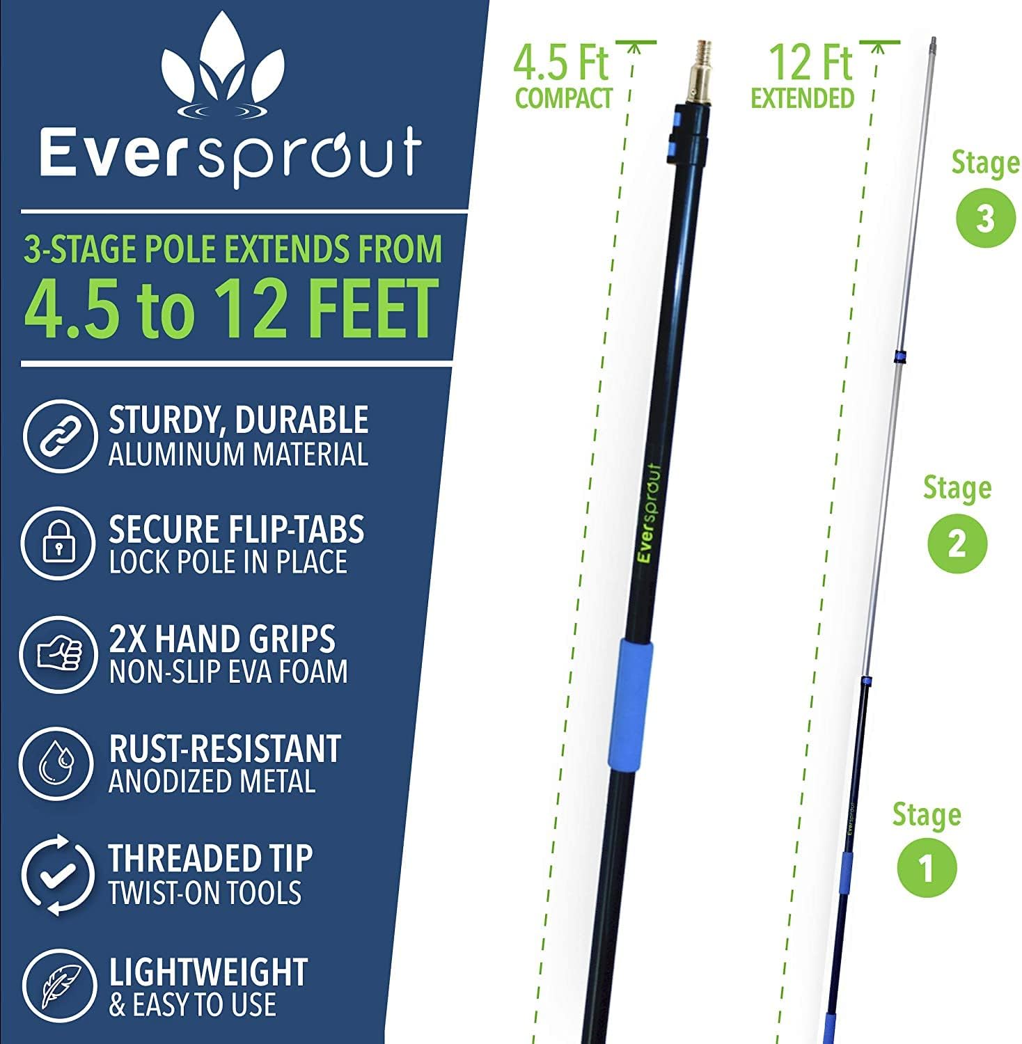 EVERSPROUT Never-Scratch SnowBuster 7-to-24 Foot (Up to 30 Ft Standing Reach) | Pre-Assembled Extendable Roof Rake for Snow Removal | Heavy-Duty Aluminum, Soft Foam Pad | Exclusive Push/Pull Design