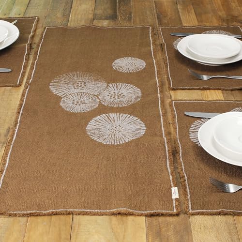 Cheyenne Burlap Linen Table Runner – Hand Printed – 100% Linen –Fringed Edge- Prewashed, Pre-shrunk, and Machine Washable – Chocolate Brown (14X36, White Dandelion)