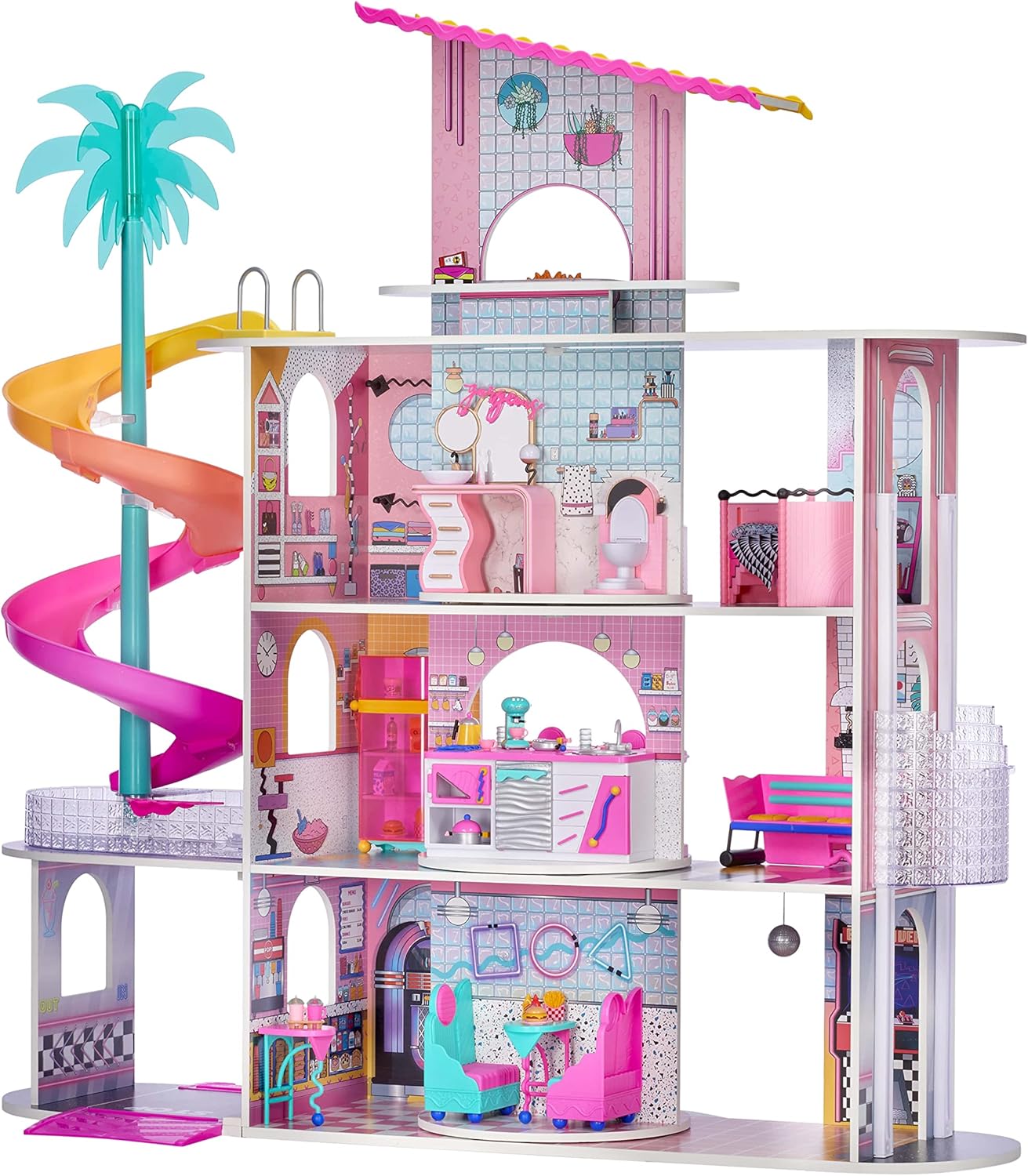 LOL Surprise OMG House of Surprises – New Real Wood Dollhouse with 85+ Surprises, 4 Floors, 10 Rooms, Elevator, Spiral Slide, Pool, Movie Theater Drive Thru, Rooftop- Toy Gift for Girls Ages 4 5 6 7+