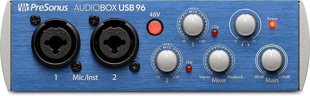 PreSonus AudioBox 96 Audio Interface (May Vary Blue or Black) Full Studio Bundle with Studio One Artist Software Pack with Eris 4.5 BT Pair Studio Bluetooth Monitors and 1/4” Instrument Cable