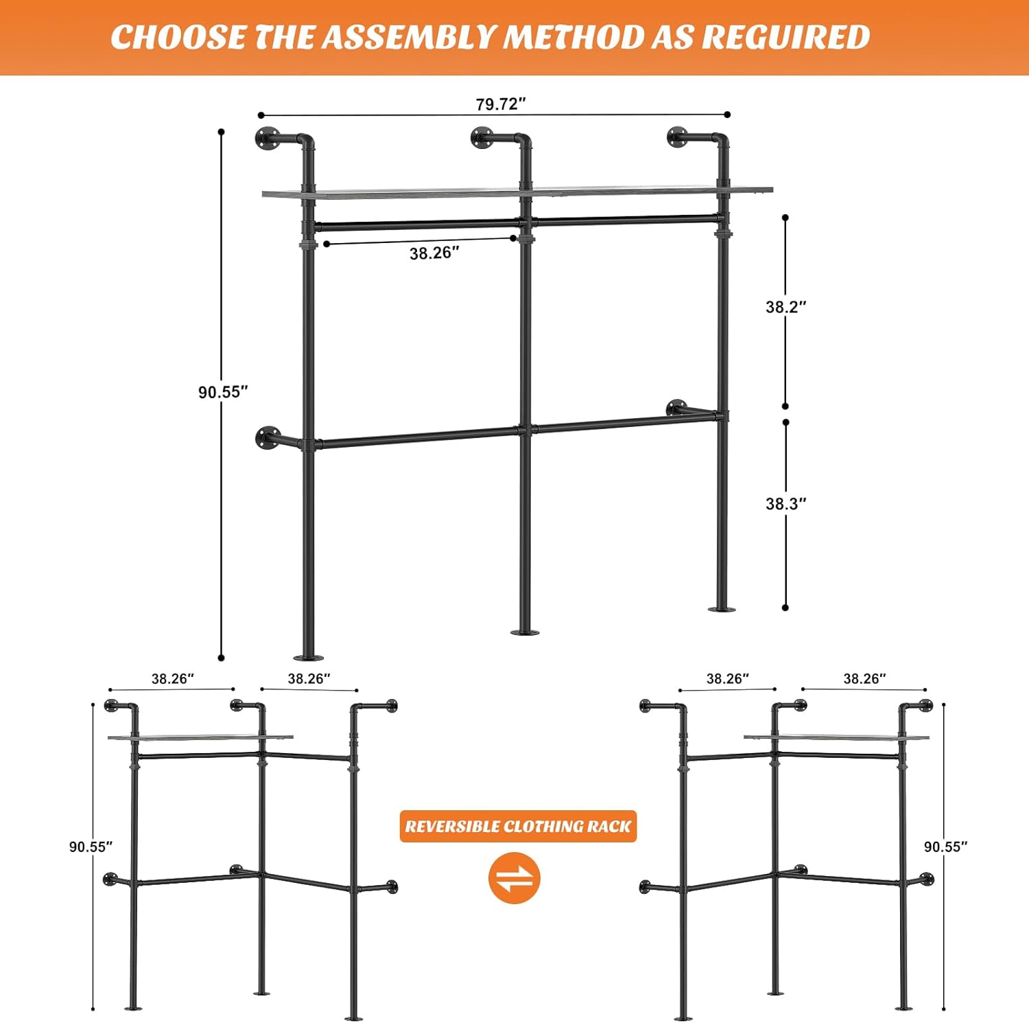 Aheaplus Industrial Pipe Clothing Rack, Reversible 79.7'' Clothes Rack for Hanging Clothes, Heavy Duty Garment Racks Closet Wardrobe with LED Lights& Shelves, Walk-in Closet System, Black