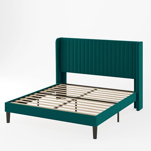 Allewie Queen Size Velvet Bed Frame/Vertical Channel Tufted Wingback Headboard/Upholstered Platform Bed/Strong Wooden Slats/No Box Spring Needed/Easy Assembly/Black