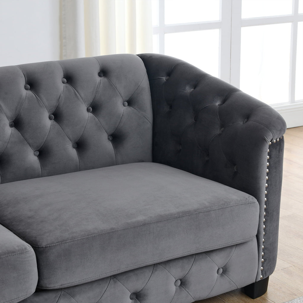 77-Inch Modern Chesterfield Velvet Sofa, 3-Seater Sofa, Upholstered Tufted Backrests with Nailhead Arms and 2 Cushions for Living Room, Bedroom, Apartment, Office (Grey)