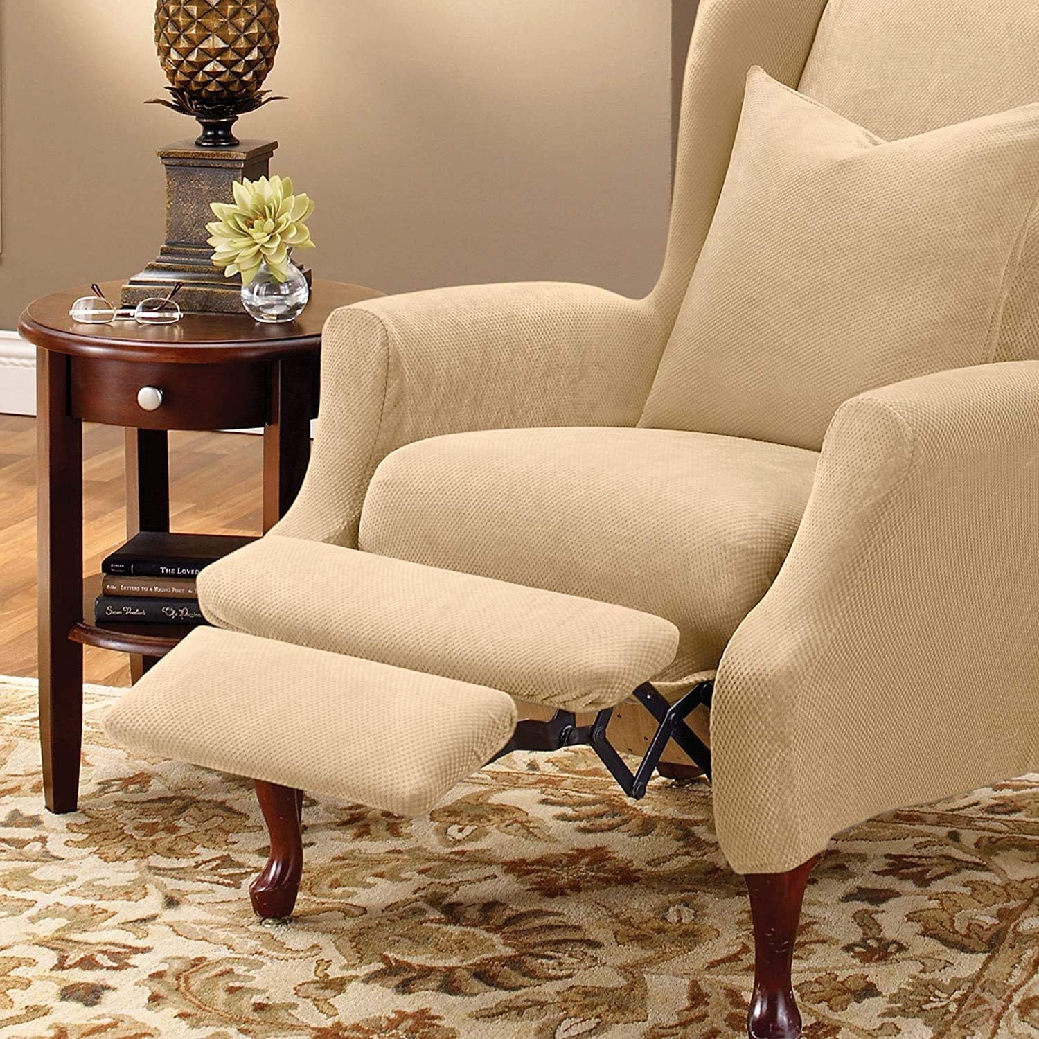 SureFit Home Décor SF38684 Stretch Pique Box Cushion Recliner Wingback Chair Slipcover, Form Fit, Polyester/Spandex, Machine Washable, Two Piece, Cream Color