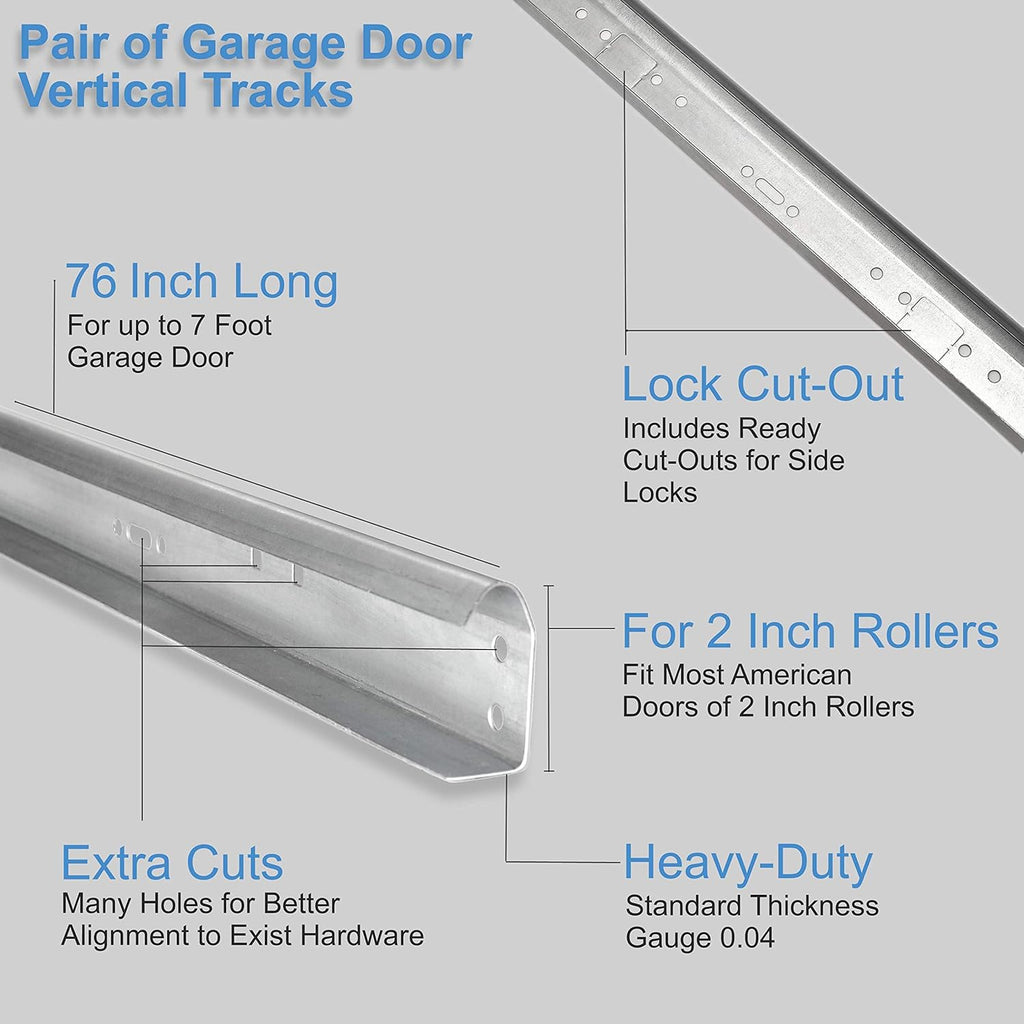 Garage Door Vertical Track Replacement – Set of Left and Right for 7 Foot Tall - Garage Door Rails Galvanized Steel Hardware Door Rails for Residential/Light Commercial Side Tracks for 2-inch Rollers