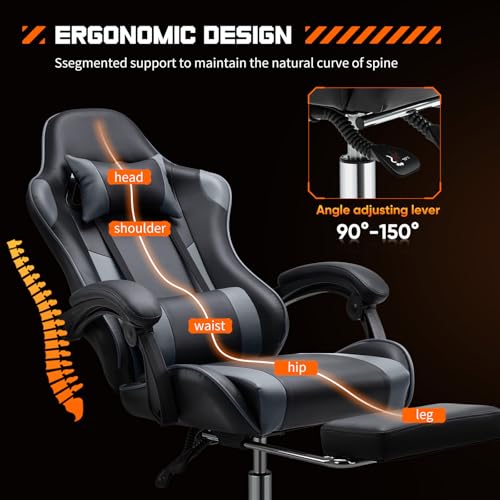 DUMOS Ergonomic Gaming Desk Chair - PU Leather Recliner with Footrest, Lumbar Support, Headrest, Fixed Armrests, Height Adjustable, 360° Swivel, Grey, for Adults