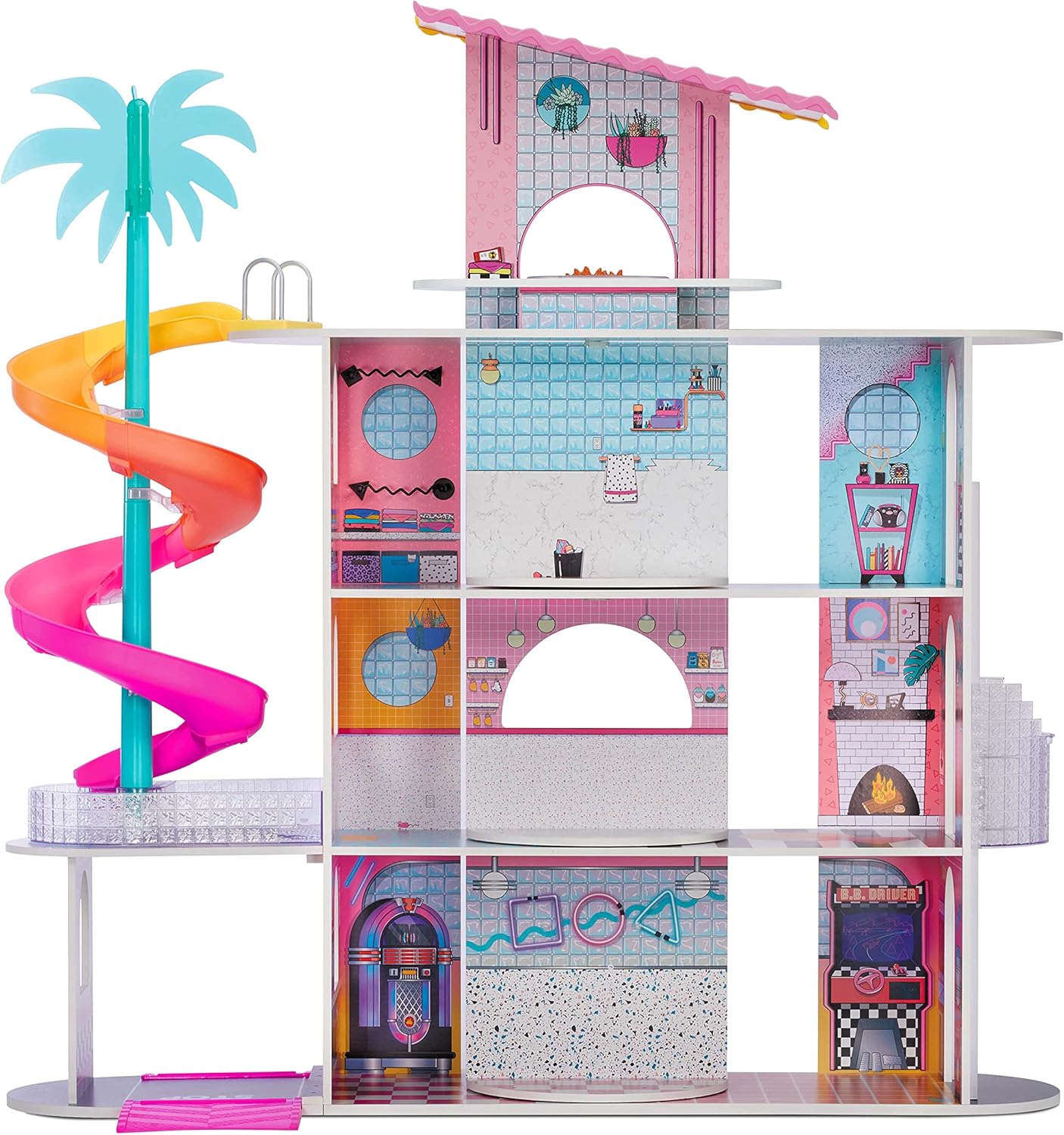 LOL Surprise OMG House of Surprises – New Real Wood Dollhouse with 85+ Surprises, 4 Floors, 10 Rooms, Elevator, Spiral Slide, Pool, Movie Theater Drive Thru, Rooftop- Toy Gift for Girls Ages 4 5 6 7+