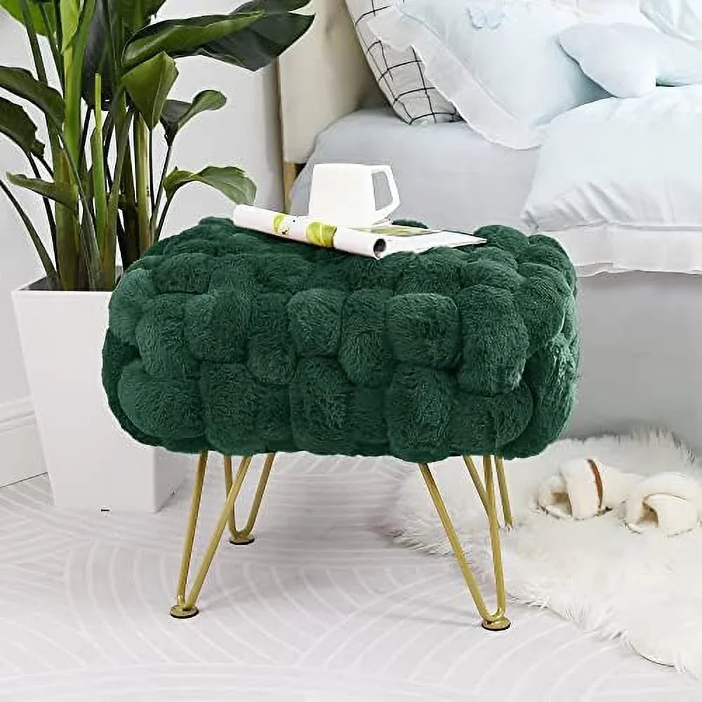 Pink Soft Faux  Ottoman Fuzzy Entryway Bench Seat 27x20x19 Sturdy Accent Coffee Table for Living Room Make up Vanity Fluffy Shoe Stool with Golden Legs for Bedroom Closet F