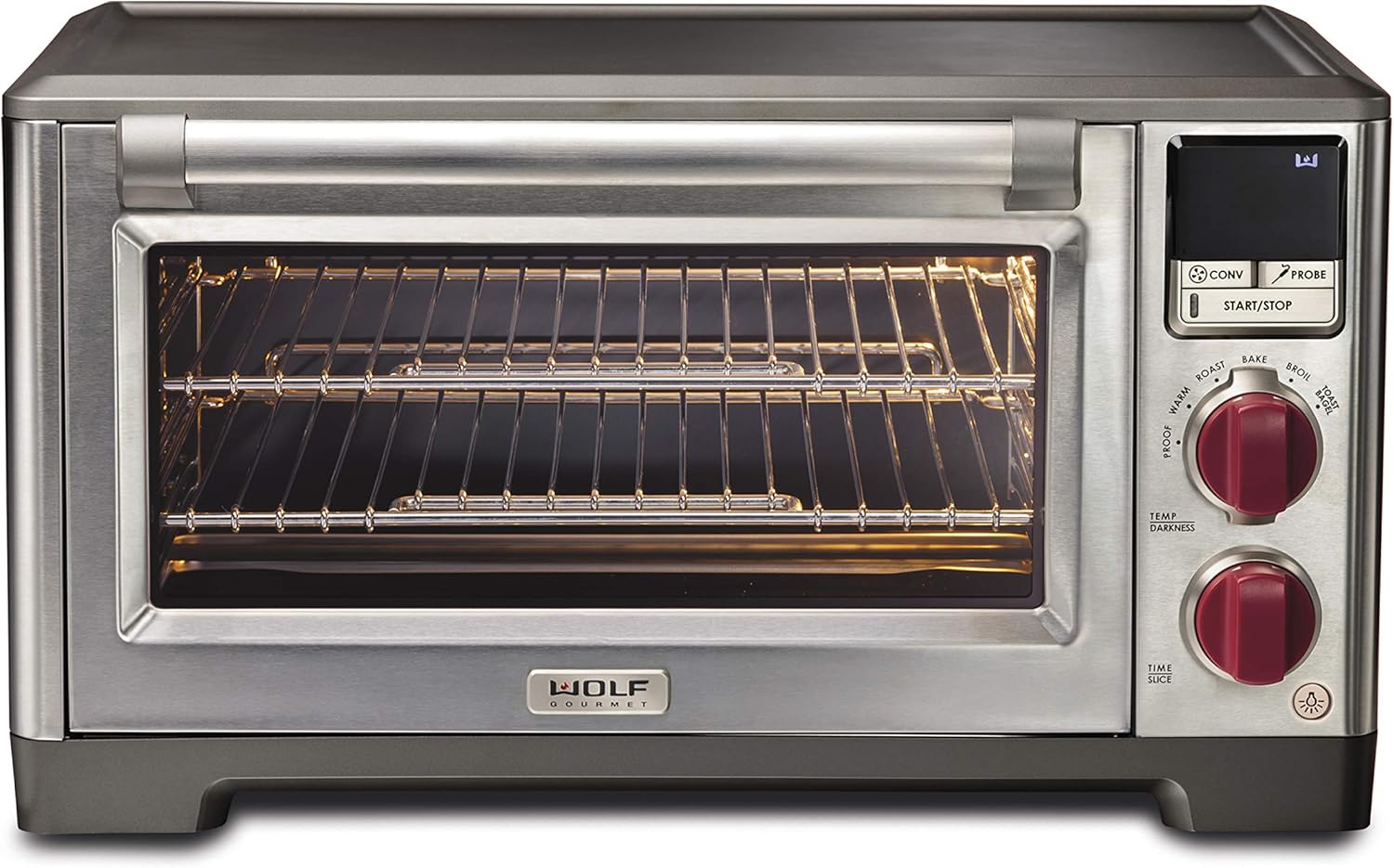 Wolf Gourmet Elite Digital Countertop Convection Toaster Oven with Temperature Probe, Stainless Steel and Red Knobs (WGCO150S)