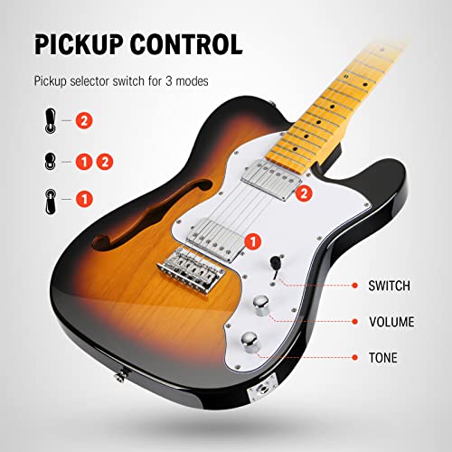 Donner 39 Inch Jazz Electric Guitar TL Thinline F Hole Beginner Full Size Hollow Guitar with H-H Pickups,Bag, Strap, Cable,Sunburst(DJC-1000S)