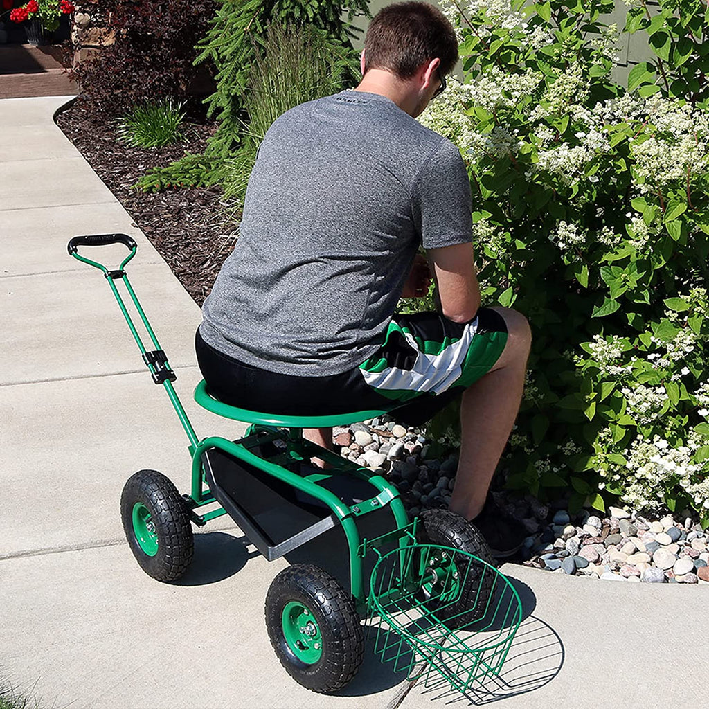 Sunnydaze Garden Cart Rolling Scooter with Extendable Steer Handle， Swivel Seat and Utility Tool Tray， Green