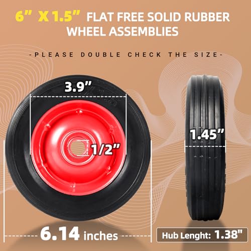 (2-Pack) AR-PRO 6” x 1.5” Flat Free Solid Rubber Wheel Assemblies - Replacement Hand Truck Wheels with Ball Bearings and 5/8” Bore Hole Diameter - Heavy-Duty Solid Rubber Wheels 132 lbs Load Capacity