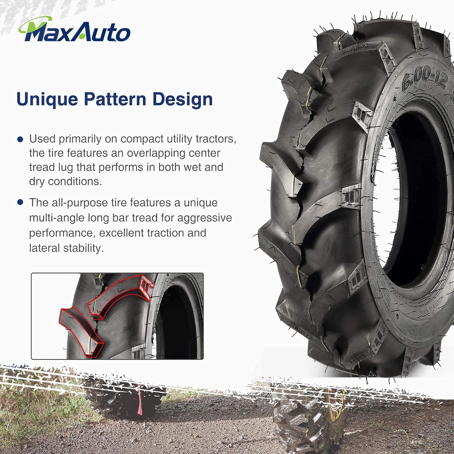 MaxAuto Farm Tractor Tire 6.00-12 Replace Kubota 7100 Series H167,2Pcs