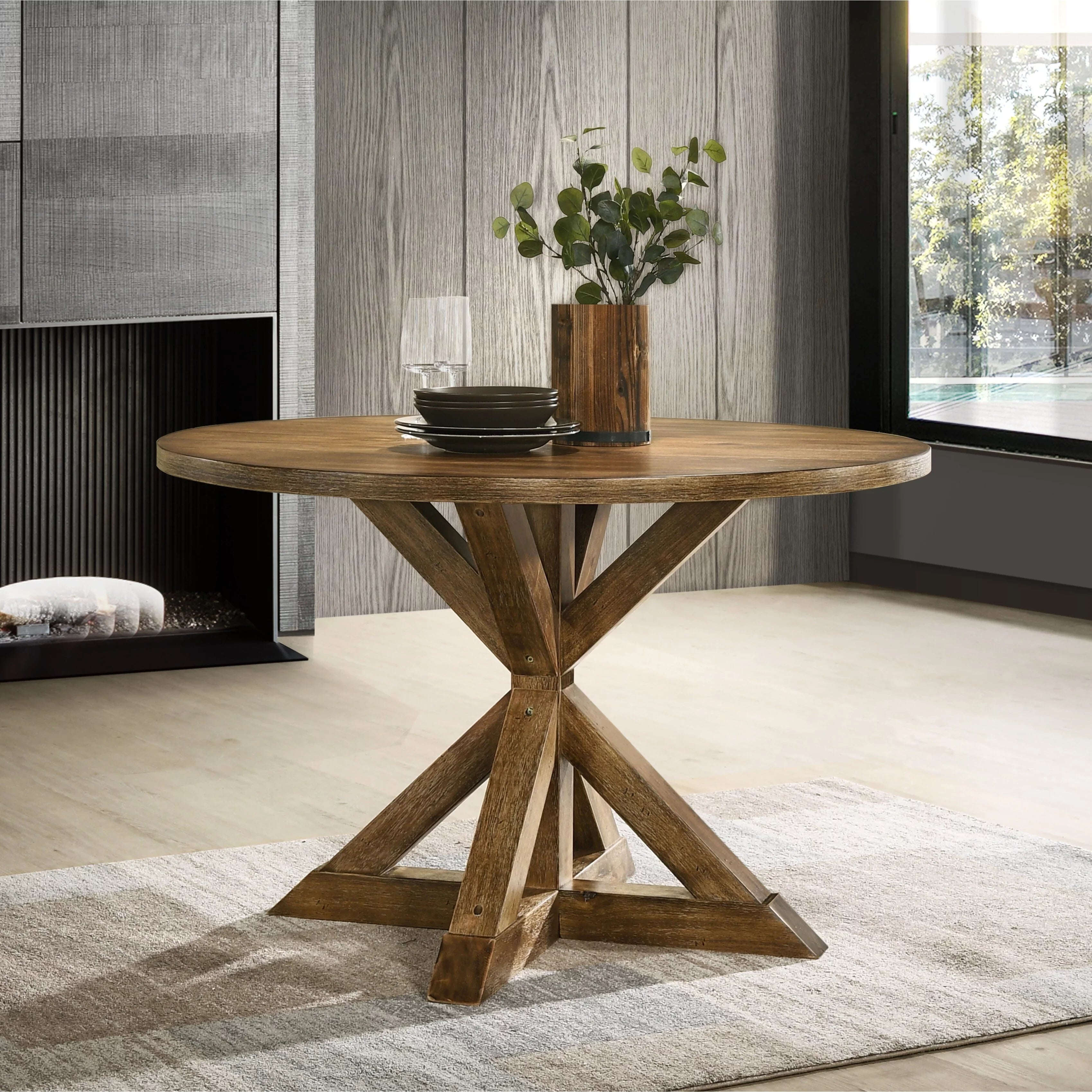 Roundhill Furniture Windvale Cross-Buck Wood 5-Piece Dining Set in Tan