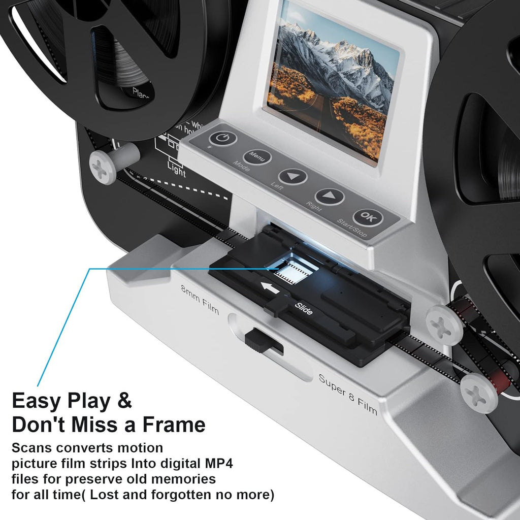 8mm  Super 8 Reels to Digital MovieMaker Film Scanner Converter, Pro Film Digitizer Machine with 2.4 LCD, Silver (Convert 3 inch and 5 inch Film reels into Digital) with 32 GB SD Card