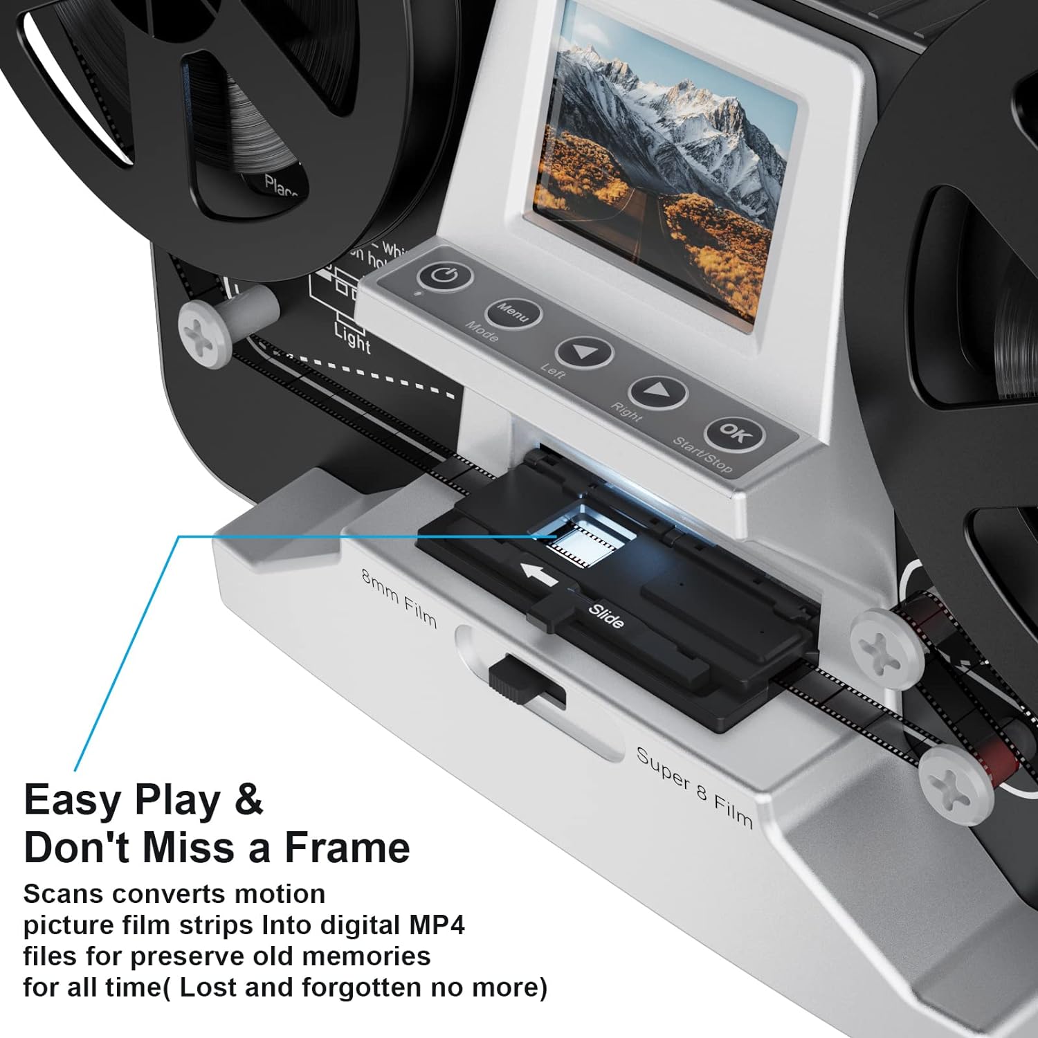 8mm  Super 8 Reels to Digital MovieMaker Film Scanner Converter, Pro Film Digitizer Machine with 2.4 LCD, Silver (Convert 3 inch and 5 inch Film reels into Digital) with 32 GB SD Card
