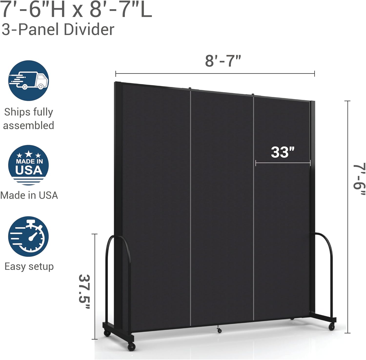 Standard Room Divider with Metal Frame, Folding Portable Partition Privacy Walls for Schools and Offices 7'6 Tall x 8'7 Wide Navy