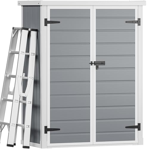 DWVO 5x3ft Resin Outdoor Storage Shed with Floor, Waterproof Lockable Storage Shed with Window, Plastic Outside Tool Storage for Garden, Backyard, Patio, Lawn, Gray