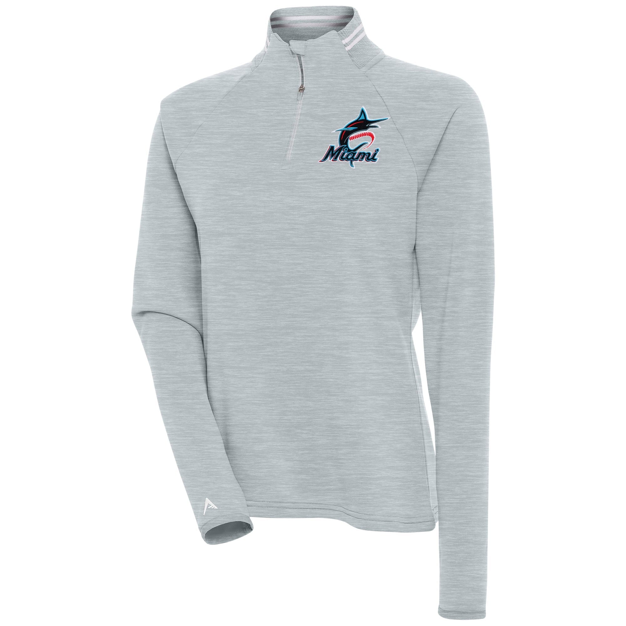 Women's Antigua  Heather Gray Miami Marlins Milo Raglan Quarter-Zip Pullover Top