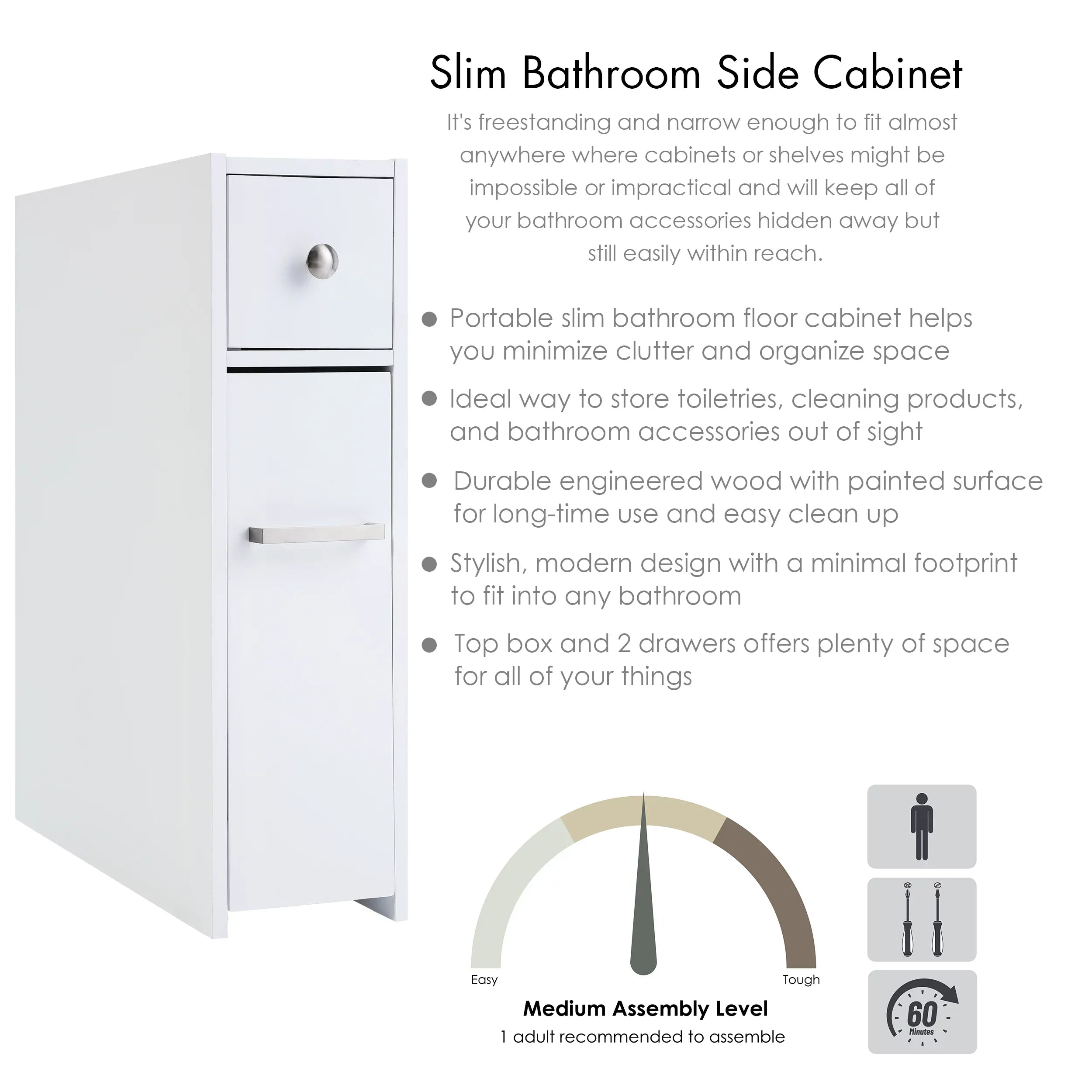 Spirich Home Slim Bathroom Storage Cabinet, Free Standing Toilet Paper Holder, Bathroom Cabinet Slide Out Drawer Storage,White