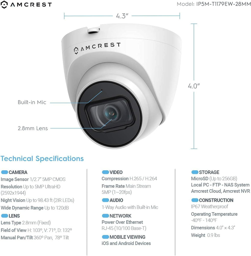 Amcrest 5MP Turret POE Camera, UltraHD Outdoor IP Camera POE with Mic/Audio, 5-Megapixel Security Surveillance Cameras, 98ft NightVision, 2.8mm Lens (103° FOV), IP67, MicroSD (256GB), (IP5M-T1179EW)